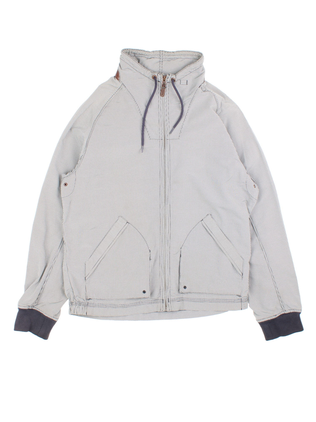 Vintage Timberland lightweight windbreaker Jacket in a grey, white and black checkered colourway. Zip fastening with side pockets and hood. Leather trims and branding on left arm.