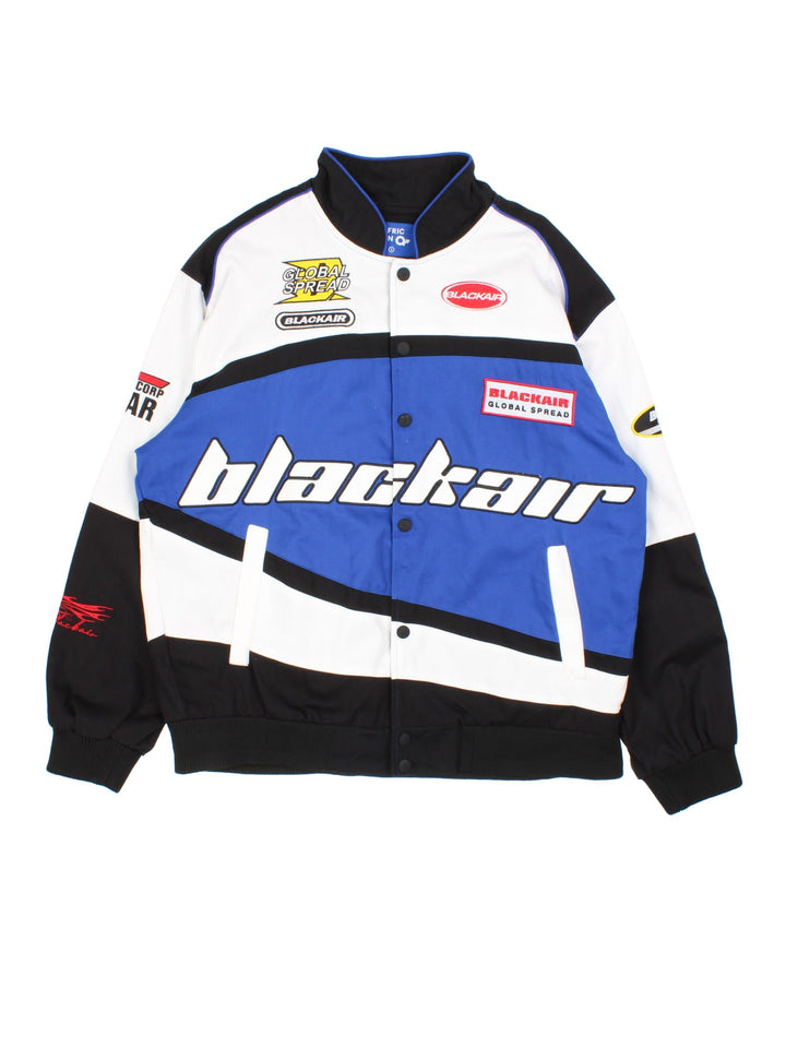 Vintage Blackair Nascar Jacket in a white, blue and black colourway. Buttons up and has side pockets, and all over embroidered logo detailing.