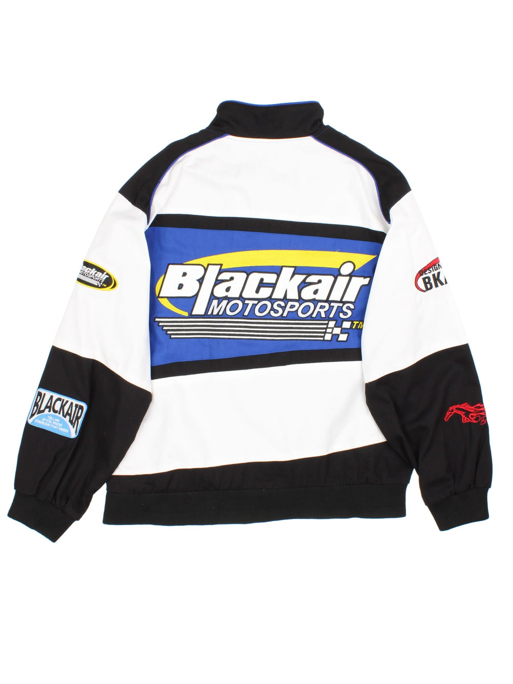 Vintage Blackair Nascar Jacket in a white, blue and black colourway. Buttons up and has side pockets, and all over embroidered logo detailing.