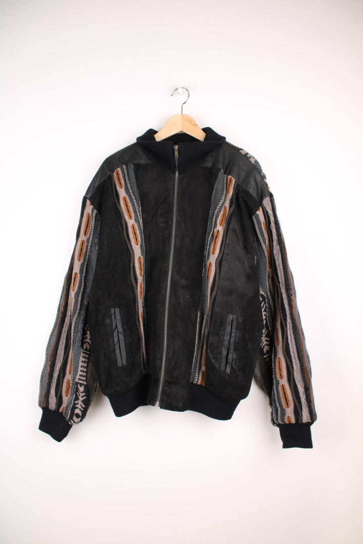 Vintage Pagani knitted and suede bomber jacket, in a black and brown colourway. The jacket has suede panels on the front, leather patches on the shoulders and 3D knit sleeves and back panels.  