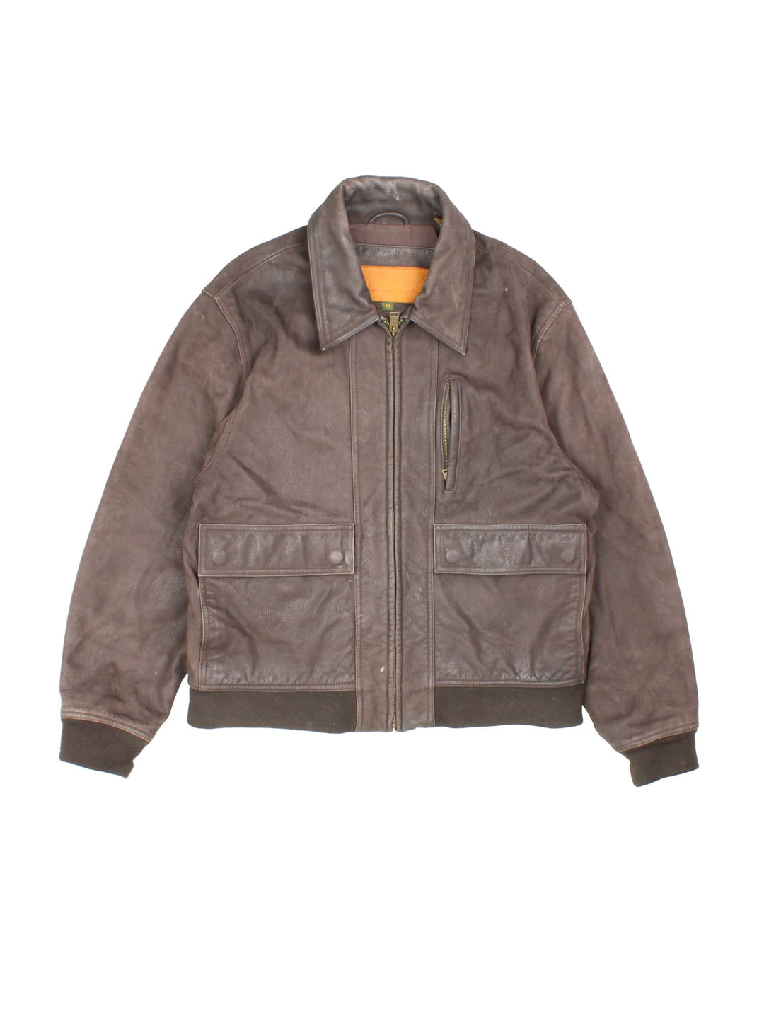 Timberland leather jacket in brown with multiple pockets, zip closure, and ribbed collar and cuffs.