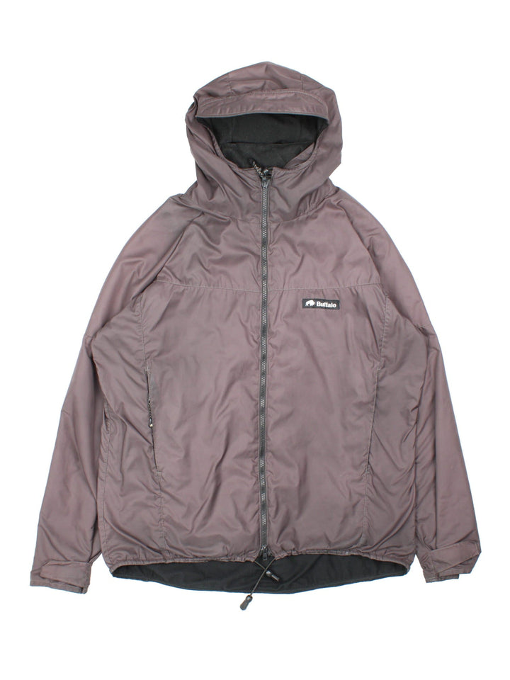 Buffalo alpine fleece-lined hooded jacket in brown with toggle adjusters at the neck and waist, zip closure, two zipped pockets, and a small logo patch on the front.