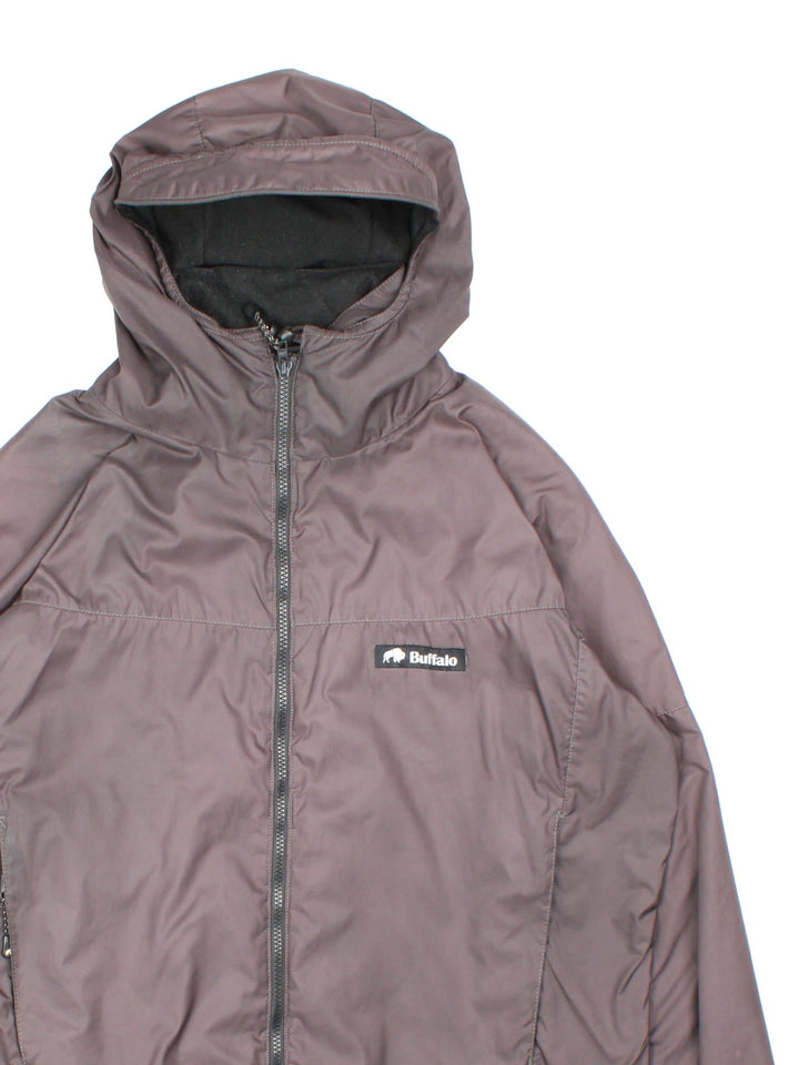 Buffalo alpine fleece-lined hooded jacket in brown with toggle adjusters at the neck and waist, zip closure, two zipped pockets, and a small logo patch on the front.