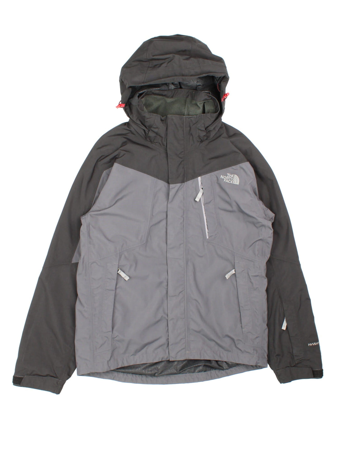 The North Face HyVent hooded jacket in grey with black hood and sleeves, multiple pockets, zip and velcro closure, toggle adjusters at the waist and neck, and embroidered logos on the front and sleeve.