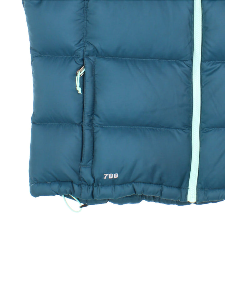 The North Face 700 down zip-through puffer gilet in blue with mint green lining and hardware, two zipped pockets, and embroidered logos front and back.