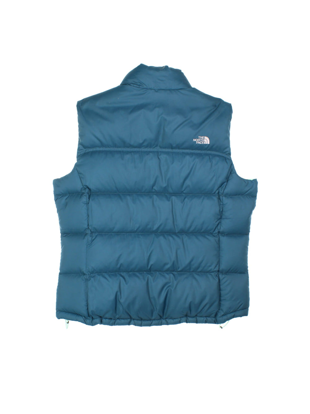 The North Face 700 down zip-through puffer gilet in blue with mint green lining and hardware, two zipped pockets, and embroidered logos front and back.