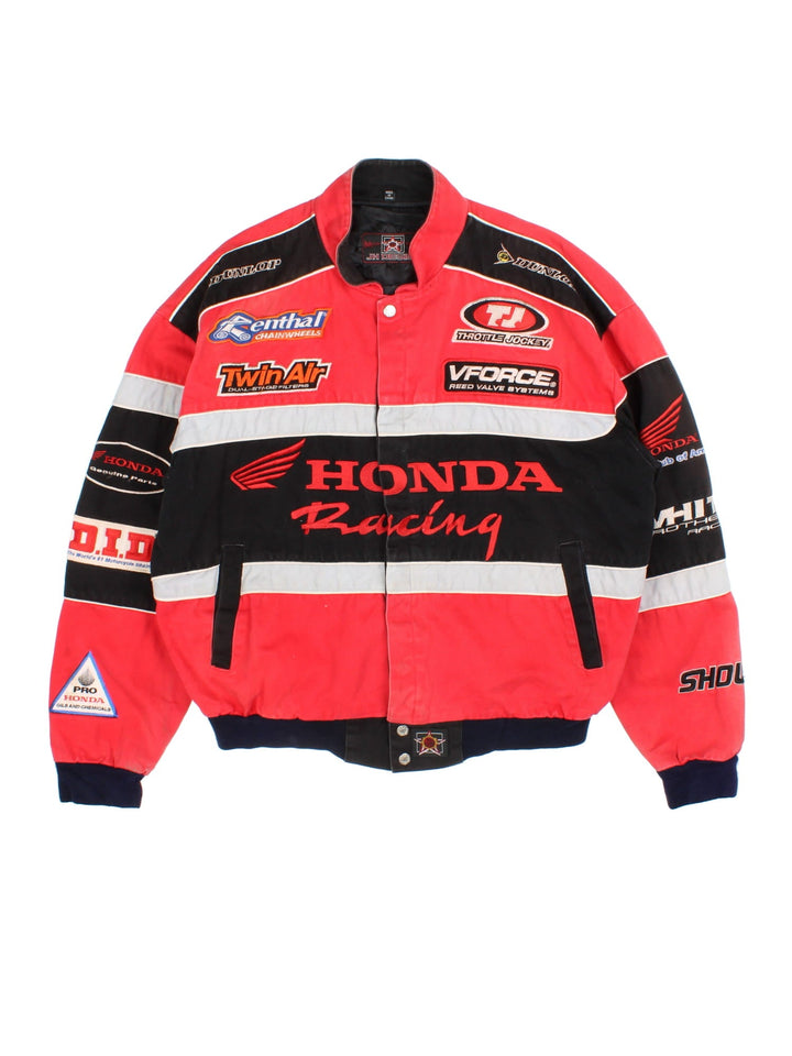 Vintage Honda Nascar Jacket in a red and black colourway. Buttons up and has side pockets, nylon lining, and has the logos and sponsors embroidered all over the front and back.