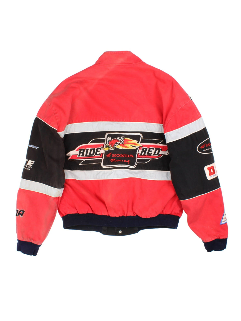 Vintage Honda Nascar Jacket in a red and black colourway. Buttons up and has side pockets, nylon lining, and has the logos and sponsors embroidered all over the front and back.