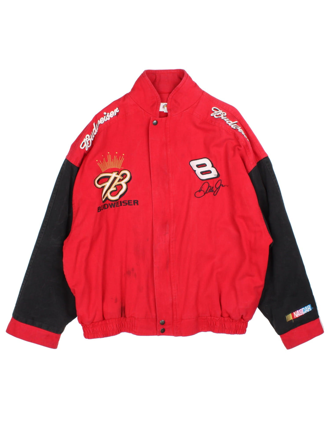 Vintage Nascar Budweiser Racing Jacket in a red and black colourway. Zips up and has side pockets, insulated with a fleece lining, and has the logo and sponsors embroidered on the front and spell out of 'Dale Jr' on the back.