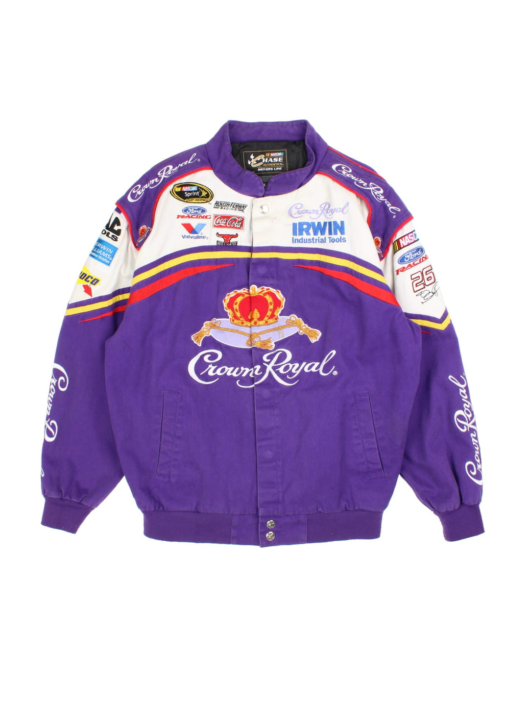 Vintage Nascar Crown Royal Racing Jacket in a purple and white colourway. Buttons up and has side pockets, and the logos and sponsors embroidered all over the front and back.