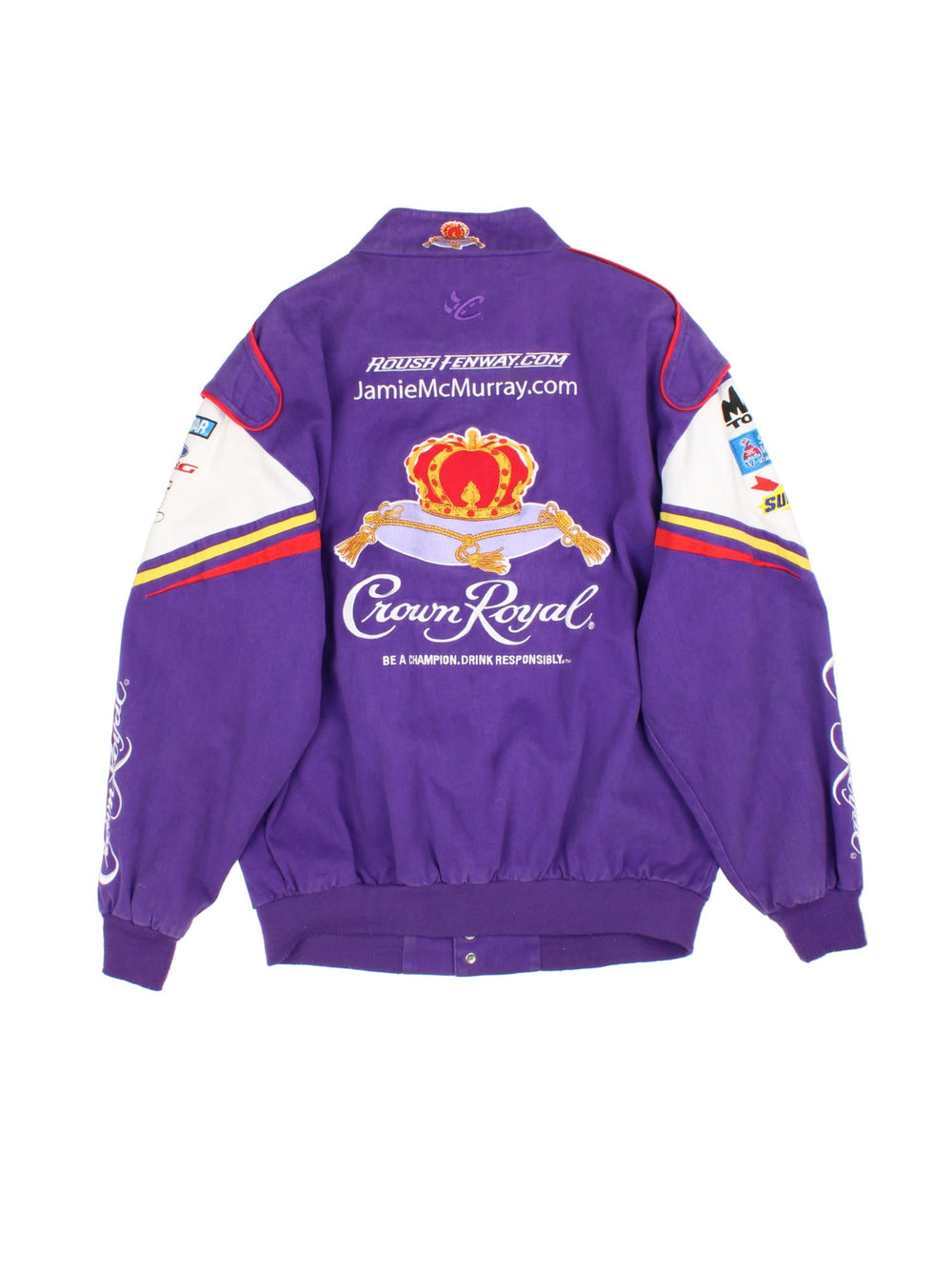 Vintage Nascar Crown Royal Racing Jacket in a purple and white colourway. Buttons up and has side pockets, and the logos and sponsors embroidered all over the front and back.