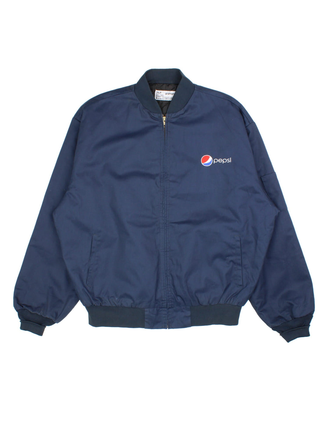 Vintage Pepsi Bomber Jacket By Aramark in a blue colourway. Zips up and has side pockets, insulated with a quilted lining, and has the logo embroidered on the front.