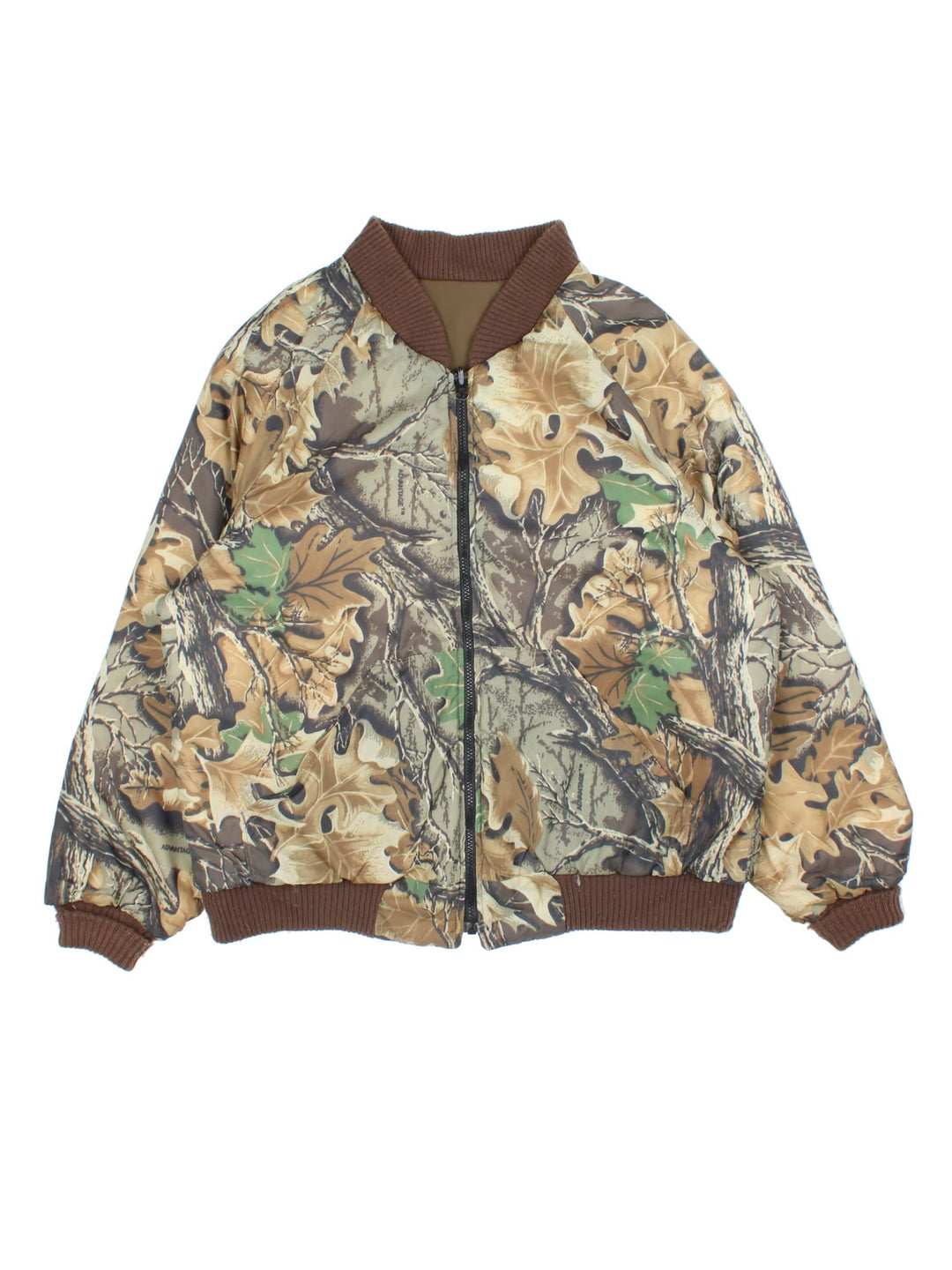 Vintage Real Tree Camo Reversible Bomber Jacket in either a green real tree camo or brown colourway options. Zips up and has side pockets and insulated lining.