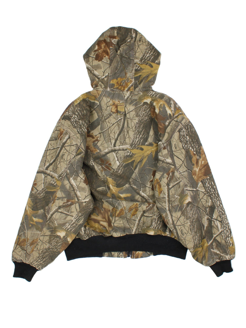 Vintage Black Duck Real Tree Camo Jacket in a green and brown patterned colourway. Zips up and has side pockets, insulated with a quilted lining, hooded, and has the logo embroidered on the front.