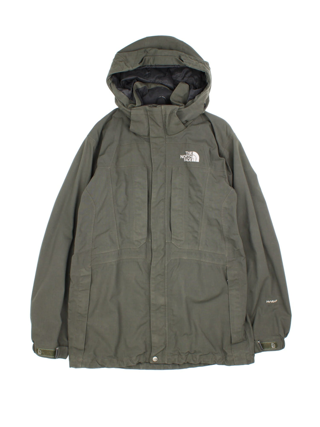 The North Face Hyvent Outdoors Jacket in a green colourway. Zips up and has multiple pockets, hiddden hood option, and has the logo embroidered on the front and back.