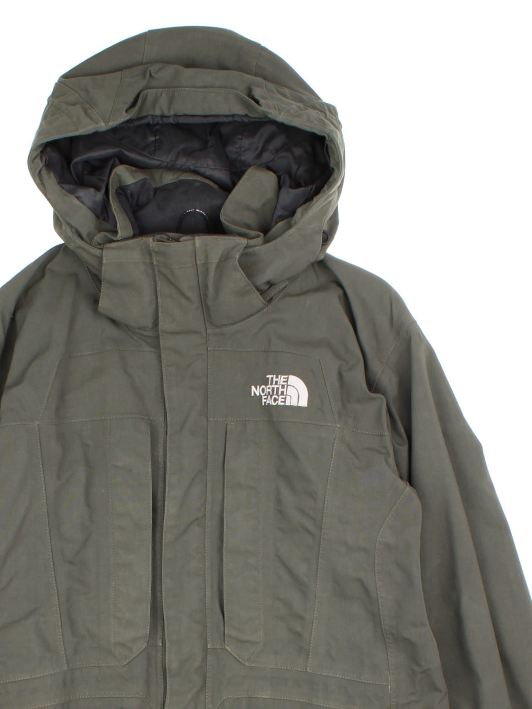 The North Face Hyvent Outdoors Jacket in a green colourway. Zips up and has multiple pockets, hiddden hood option, and has the logo embroidered on the front and back.