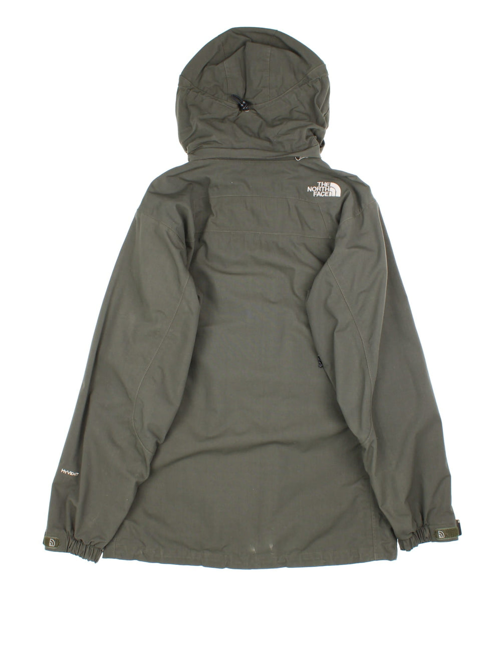 The North Face Hyvent Outdoors Jacket in a green colourway. Zips up and has multiple pockets, hiddden hood option, and has the logo embroidered on the front and back.