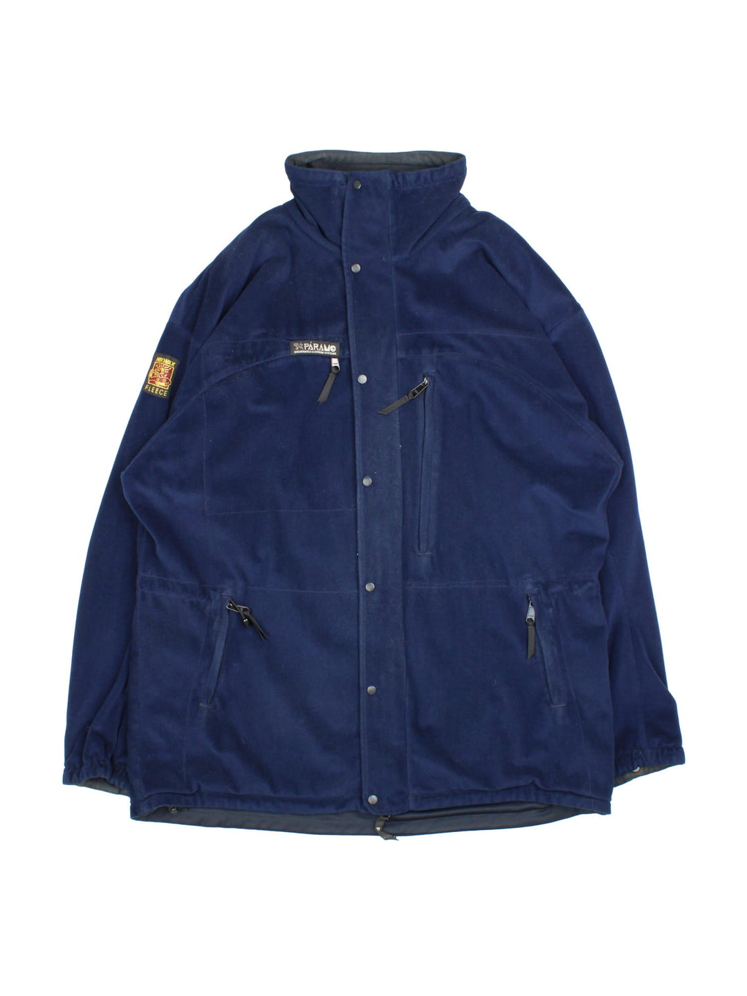 Vintage Paramo Tiaga Fleece in a blue colourway. Zips and buttons up, has multiple pockets, and the logo embroidered on the front and on the right sleeve.