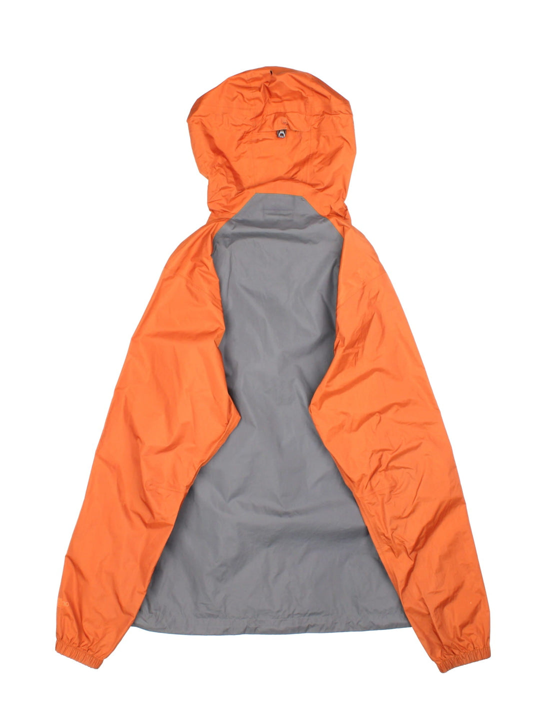 Patagonia Torrentshell Pullover Lightweight Jacket in a orange and grey colourway. Half zip up and has a big pouch pockets, hooded, and has the logo embroidered on the front.