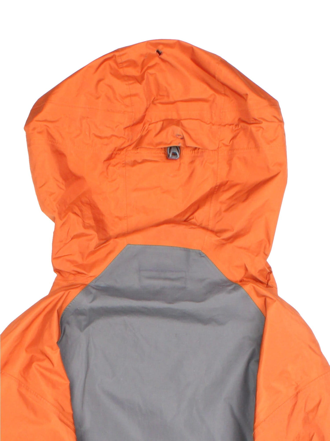 Patagonia Torrentshell Pullover Lightweight Jacket in a orange and grey colourway. Half zip up and has a big pouch pockets, hooded, and has the logo embroidered on the front.