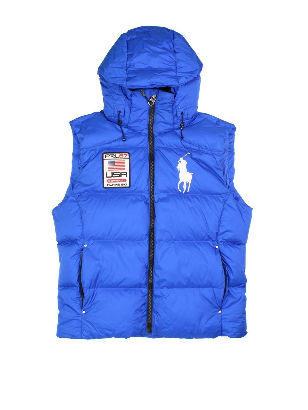 Ralph Lauren Polo Sport Alpine Ski Gilet in a blue colourway. Zips up and has side pockets, insulated lining, detachable hood, and has the logos embroidered on the front.