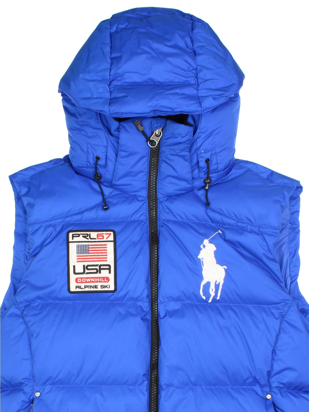 Ralph Lauren Polo Sport Alpine Ski Gilet in a blue colourway. Zips up and has side pockets, insulated lining, detachable hood, and has the logos embroidered on the front.