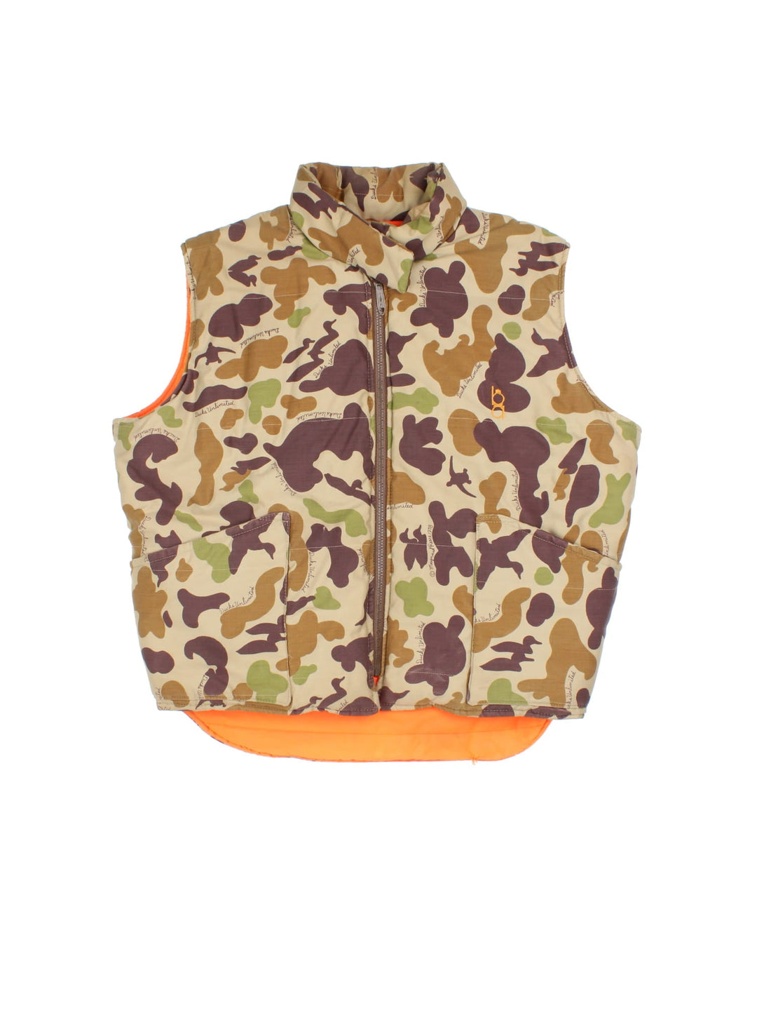 Vintage Reversible Camo Gilet Jacket in either a brown and green camo or orange colourway options. Zips up and has side pockets, insulated lining, and has a embroidered logo on the front.