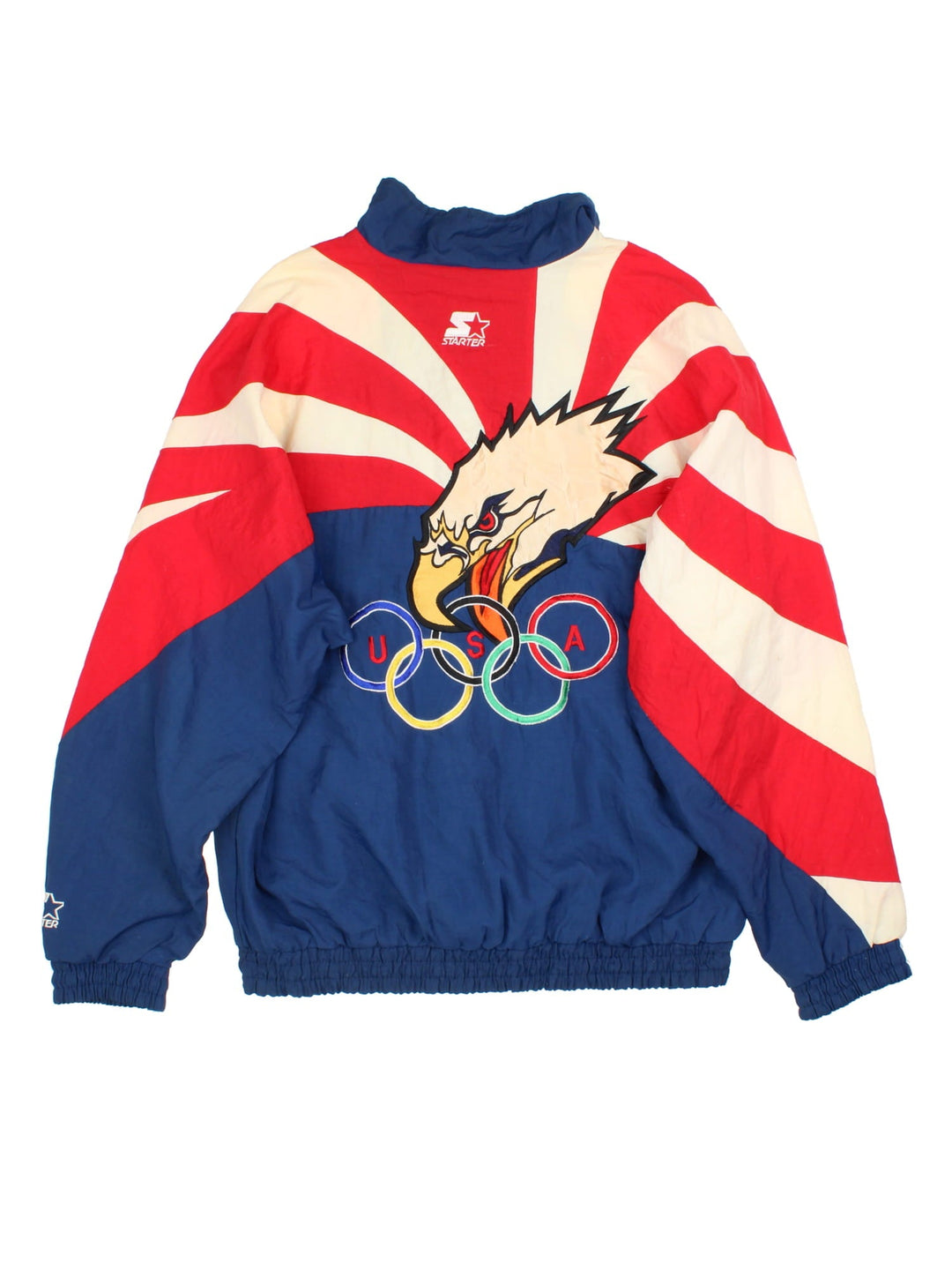 Vintage 1996 Team USA Starter Shell Jacket in a blue, white and red colourway. Zips up and has side pockets, USA and the olympics logo embroidered on the front, and big eagle graphic on the back.