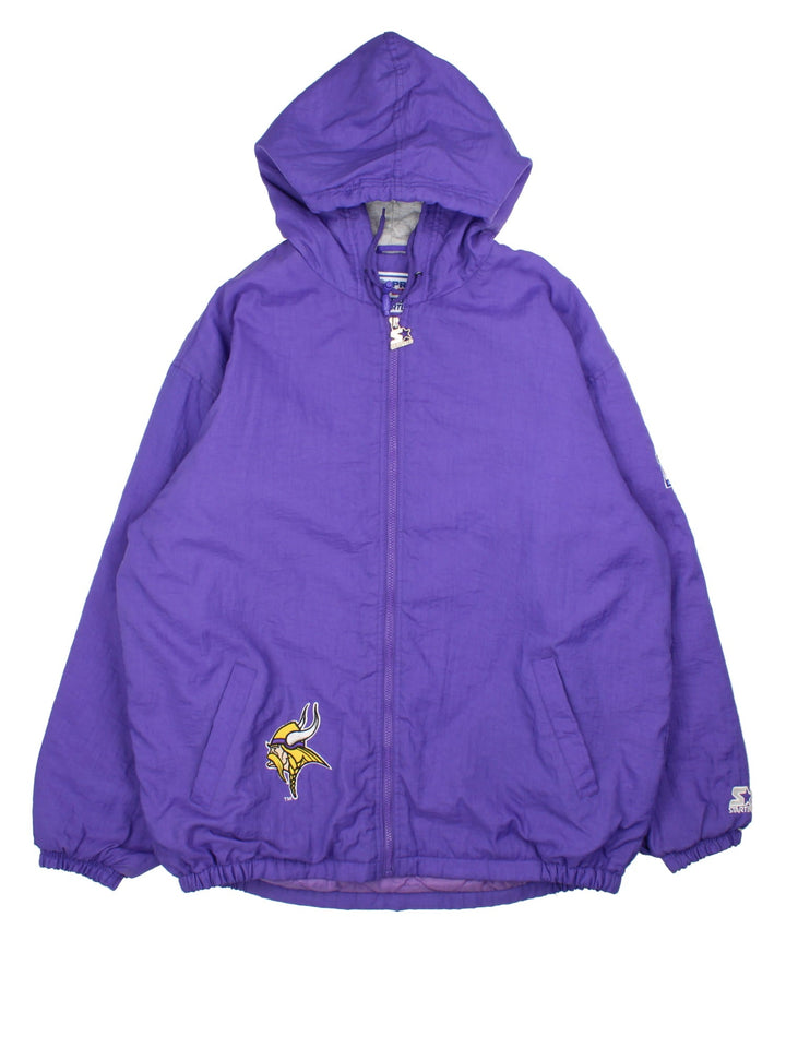 Vintage Starter Minnesota Vikings NFL Jacket in a purple colourway. Zips up and has side pockets, insulated with a quilted lining, and has the team logo embroidered on the front and back.