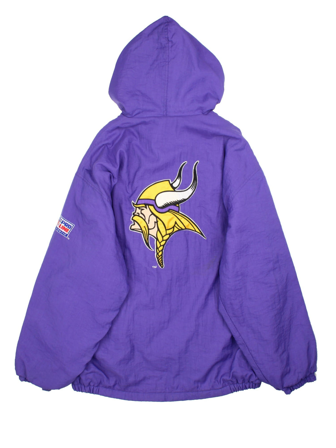 Vintage Starter Minnesota Vikings NFL Jacket in a purple colourway. Zips up and has side pockets, insulated with a quilted lining, and has the team logo embroidered on the front and back.