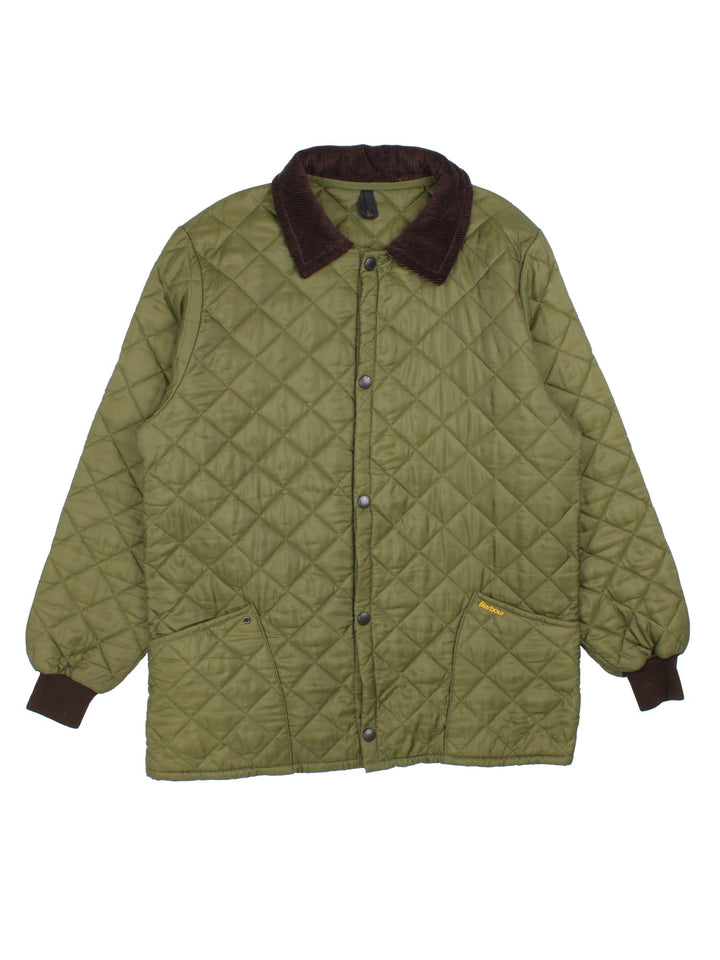 Vintage Barbour Coat in a green colourway, popper fastening with front pockets. All over quilting, and has logo embroidered on front pocket.