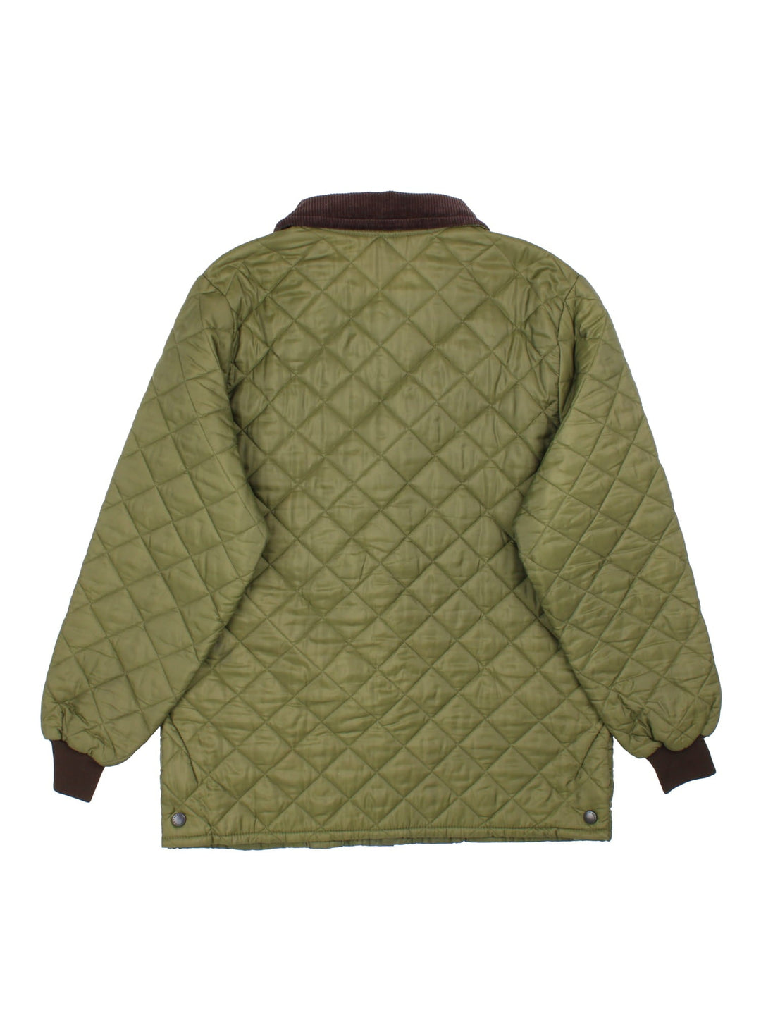 Vintage Barbour Coat in a green colourway, popper fastening with front pockets. All over quilting, and has logo embroidered on front pocket.