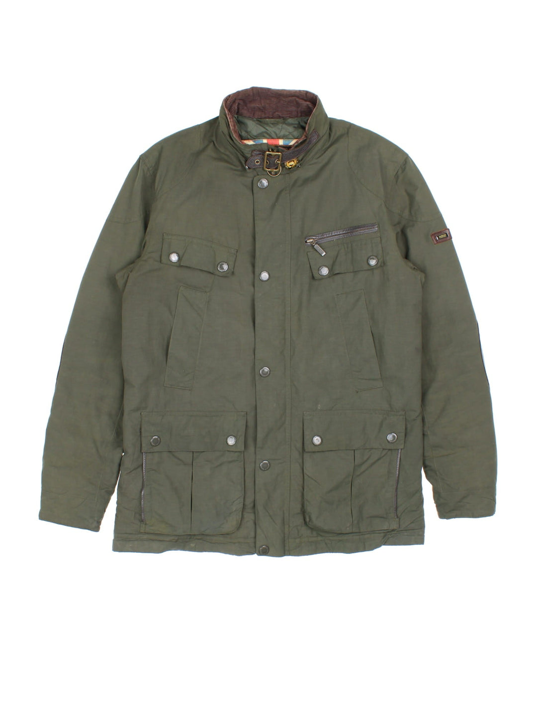 Vintage Barbour International Duke Jacket in a green colourway, popper fastening with x4 front pockets. Slight padding, leather trims and has logo patch on left arm.