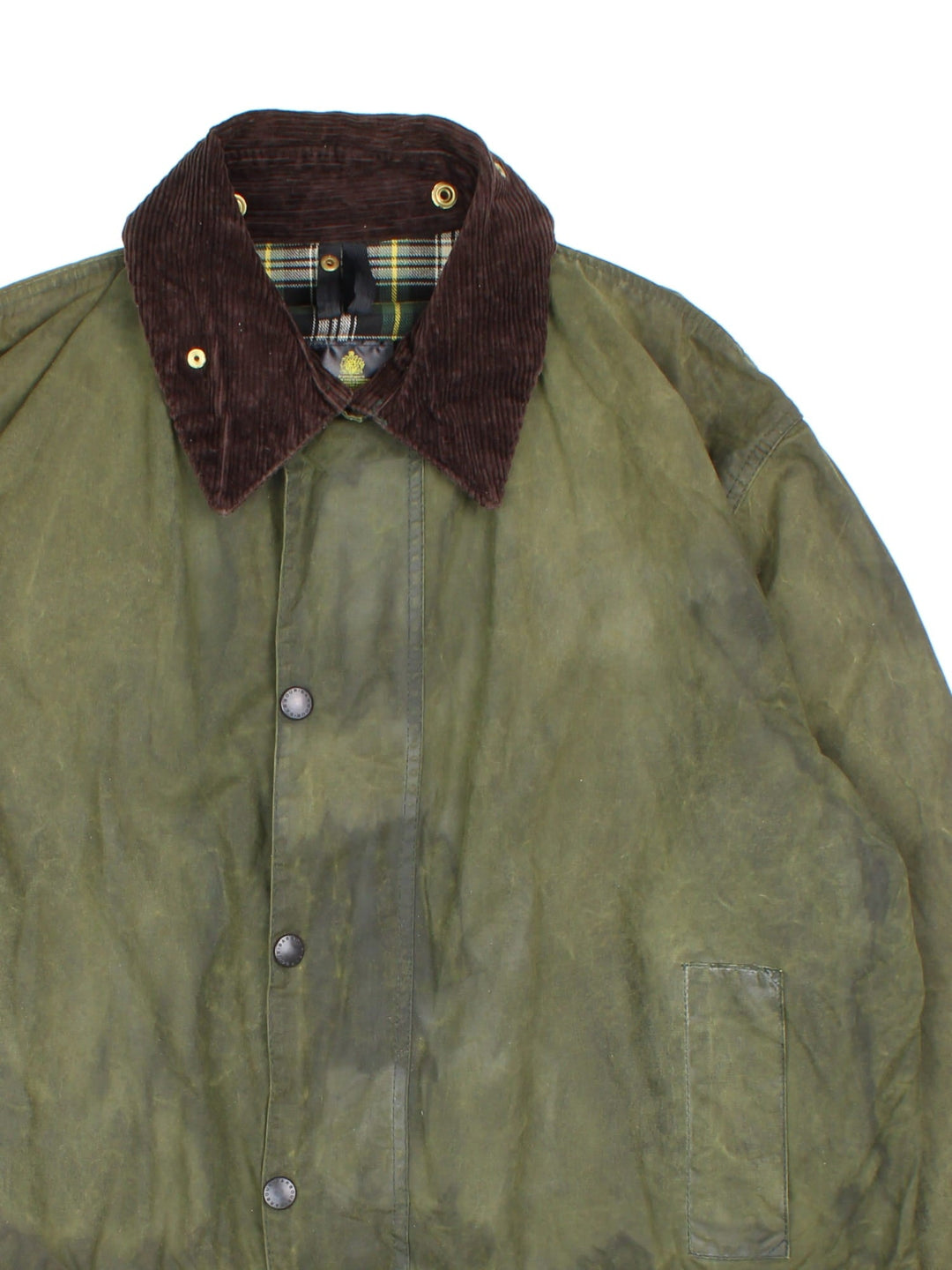 Vintage Barbour Boarder Wax Jacket in a green colourway, popper fastening with x4 front pockets. Contrast cord collar and signature checked lining.