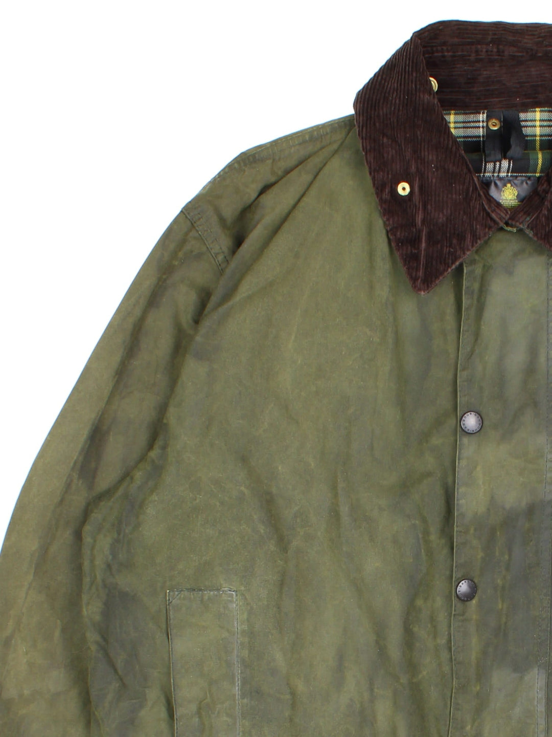 Vintage Barbour Boarder Wax Jacket in a green colourway, popper fastening with x4 front pockets. Contrast cord collar and signature checked lining.