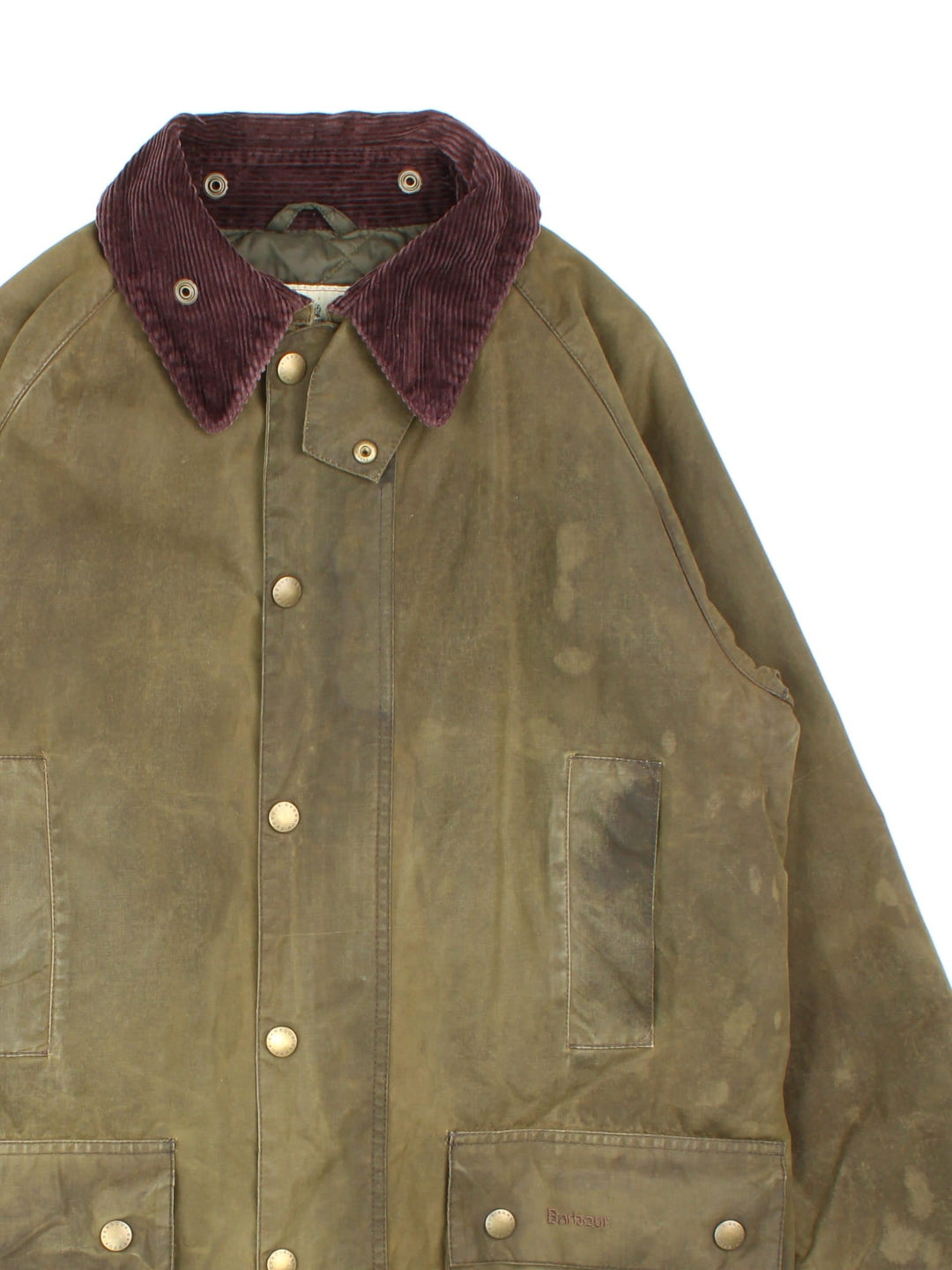 Vintage Barbour Beadle Wax Jacket in a green colourway, popper fastening with x4 front pockets. Contrast cord collar and quilted lining.