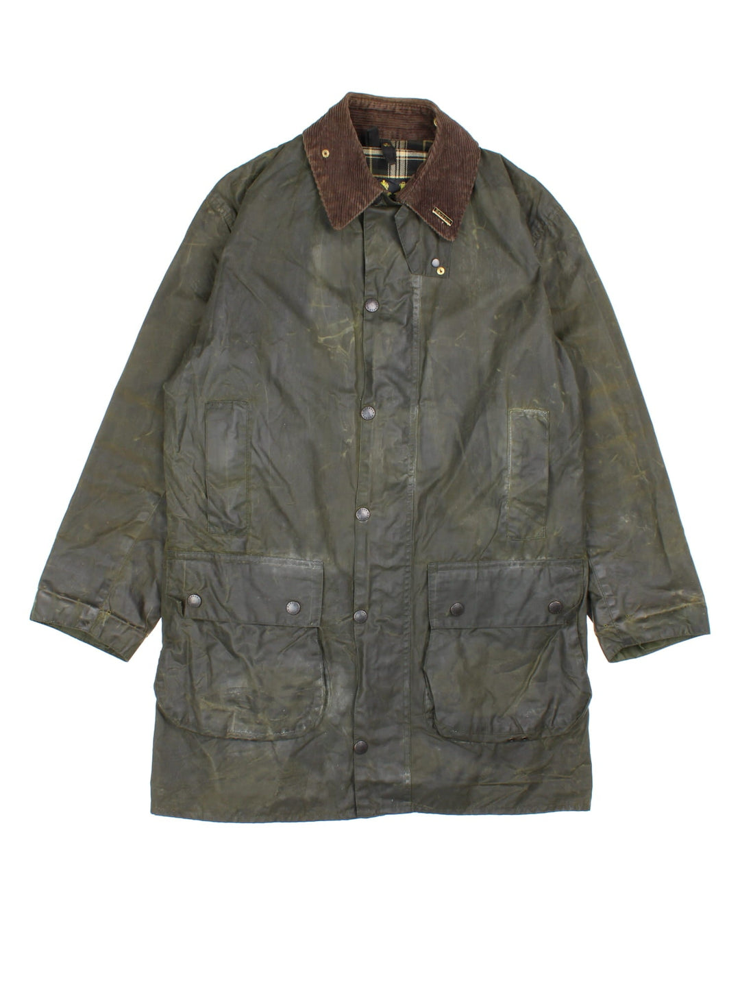 Vintage Barbour Border Wax Jacket in a green colourway, popper fastening with x4 front pockets. Contrast cord collar and checkered lining and branded badge.