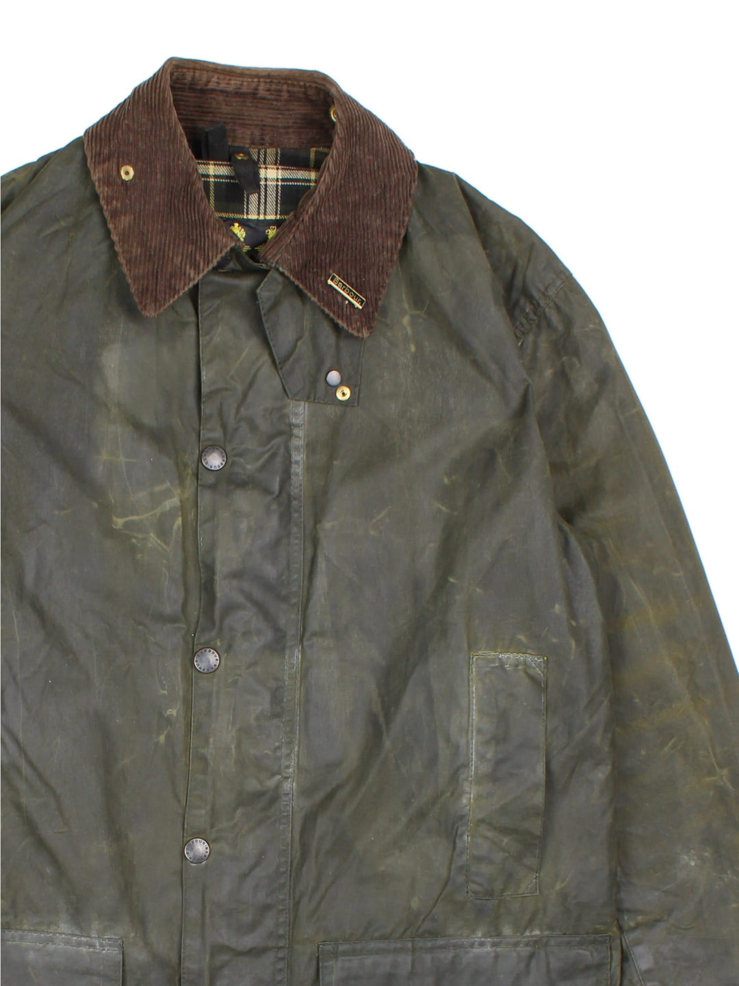 Vintage Barbour Border Wax Jacket in a green colourway, popper fastening with x4 front pockets. Contrast cord collar and checkered lining and branded badge.