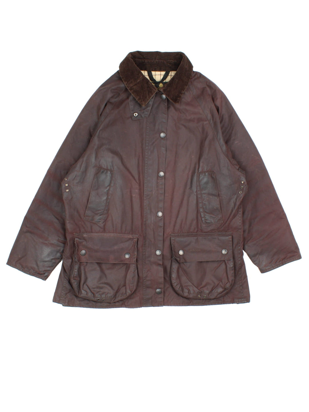 Vintage Barbour Beadle Wax Jacket in a brown colourway, zip/popper fastening with x4 front pockets. Contrast cord collar, checked lining and branding on front left pocket.