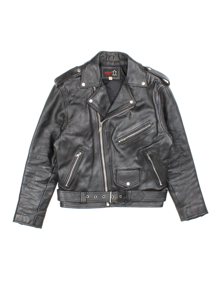 Vintage Avia Trix Leather Biker Jacket in black features zip up pockets, motorcycle detailing and buckle details on the hips.