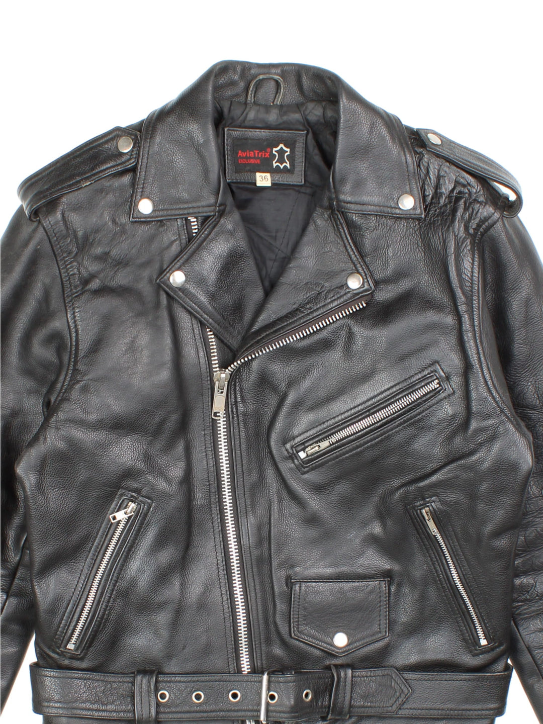 Vintage Avia Trix Leather Biker Jacket in black features zip up pockets, motorcycle detailing and buckle details on the hips.