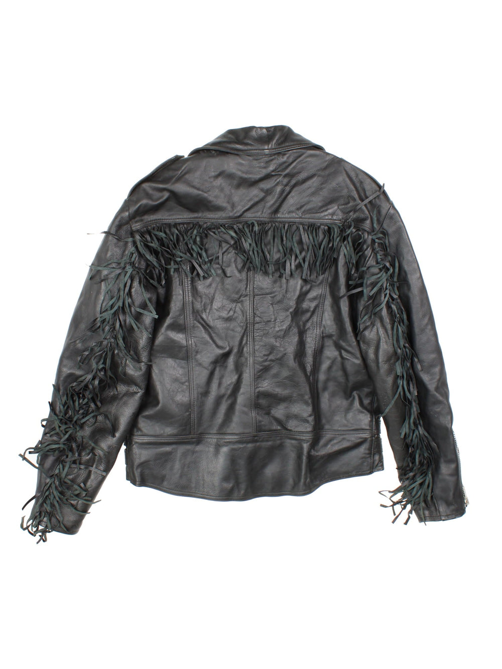 Vintage Fringe Leather Motorcycle Jacket in black features zip up pockets, motorcycle detailing and fringing across back and arms.