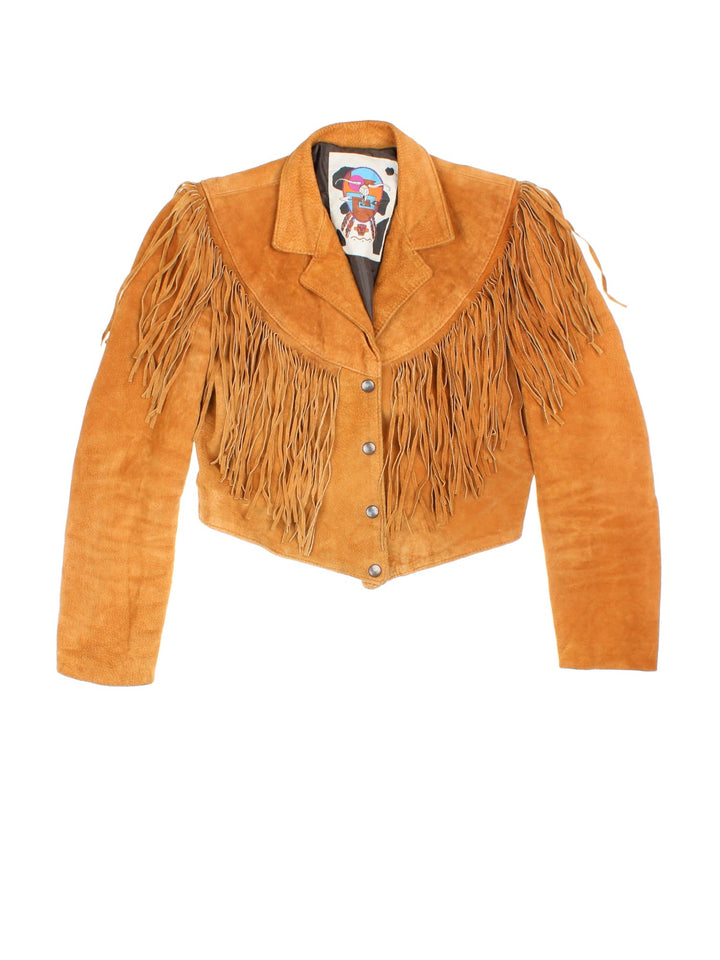 Vintage Cropped Fringe Leather Jacket in tan, features popper fastening and fringing across front and back.