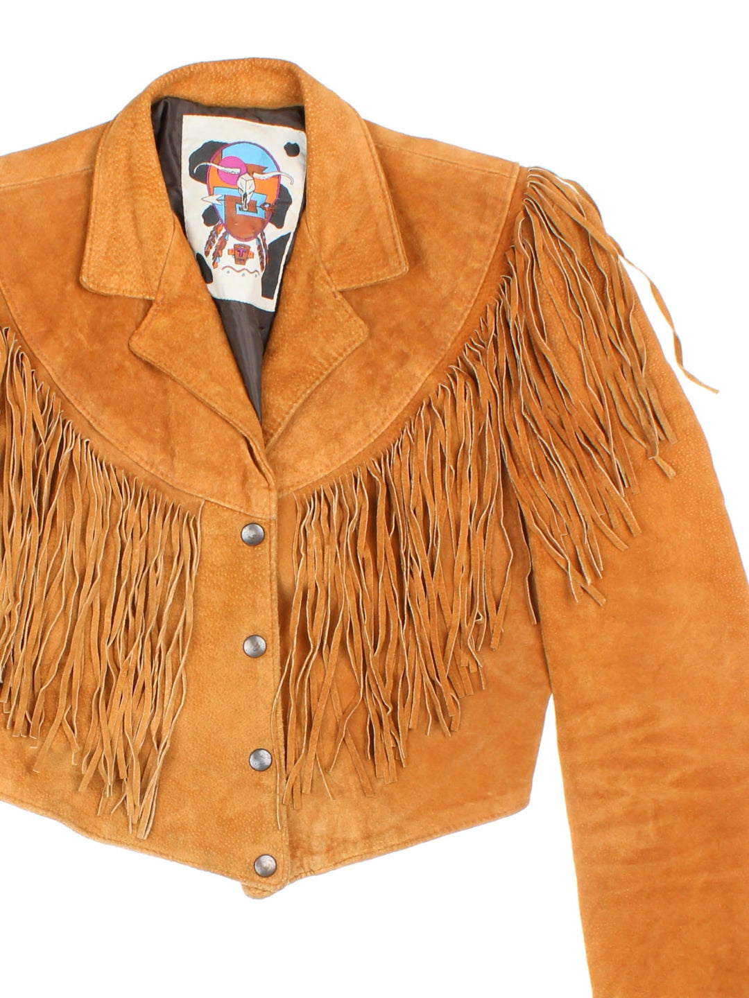 Vintage Cropped Fringe Leather Jacket in tan, features popper fastening and fringing across front and back.