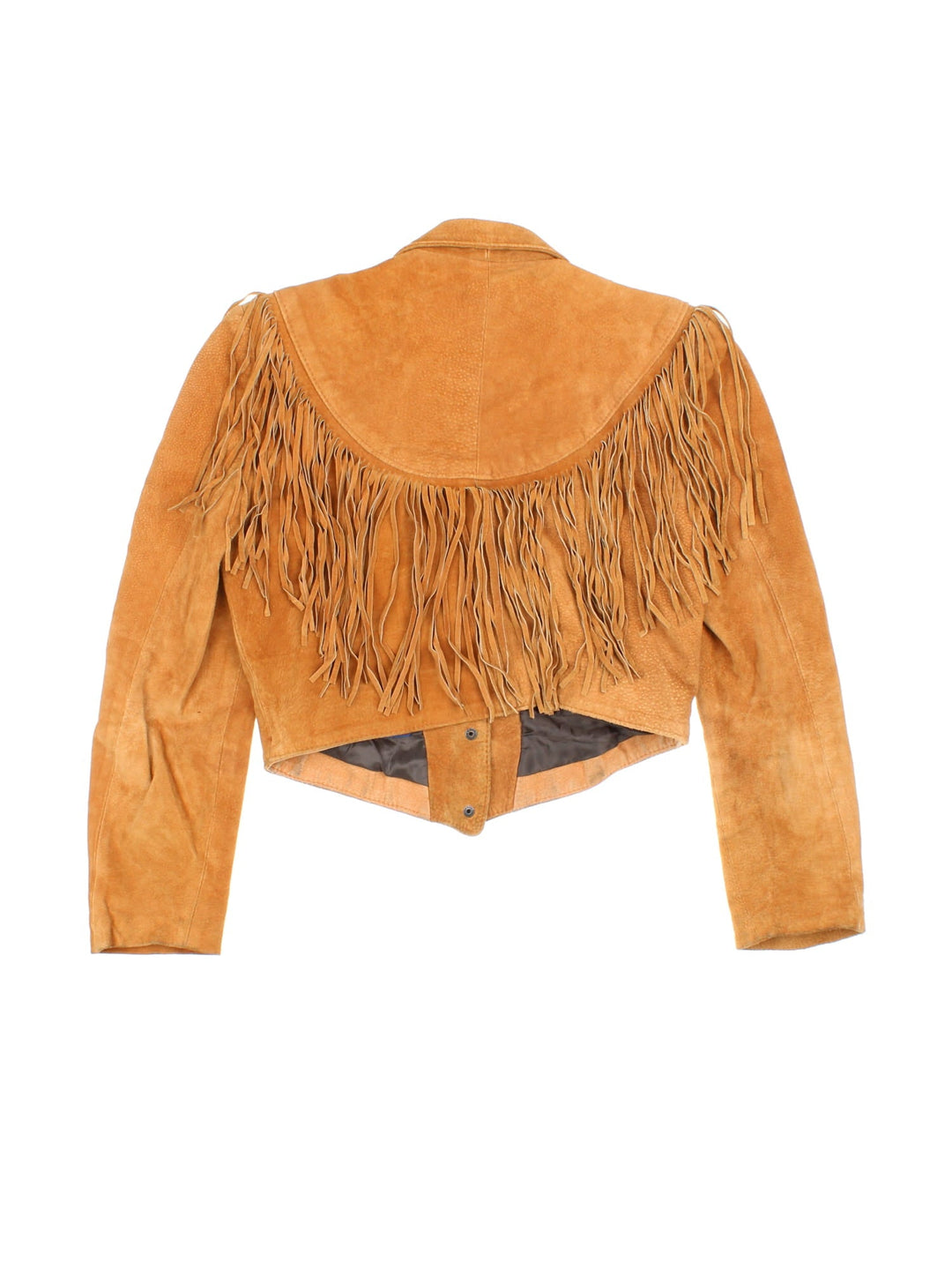 Vintage Cropped Fringe Leather Jacket in tan, features popper fastening and fringing across front and back.