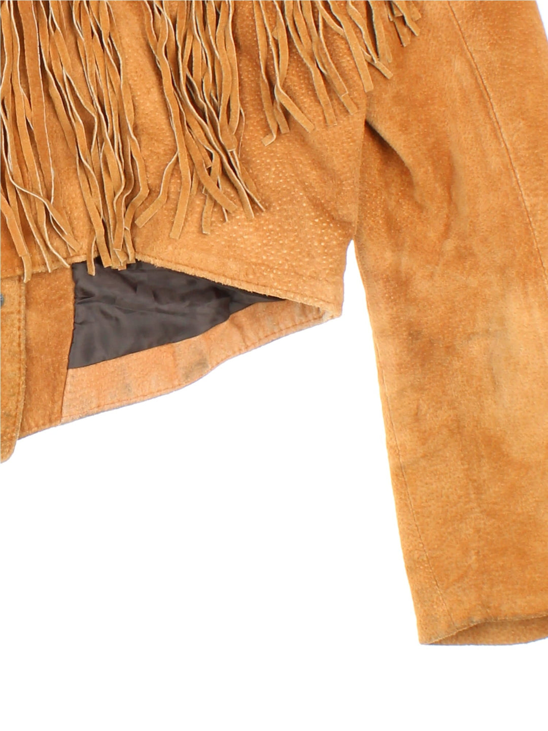 Vintage Cropped Fringe Leather Jacket in tan, features popper fastening and fringing across front and back.