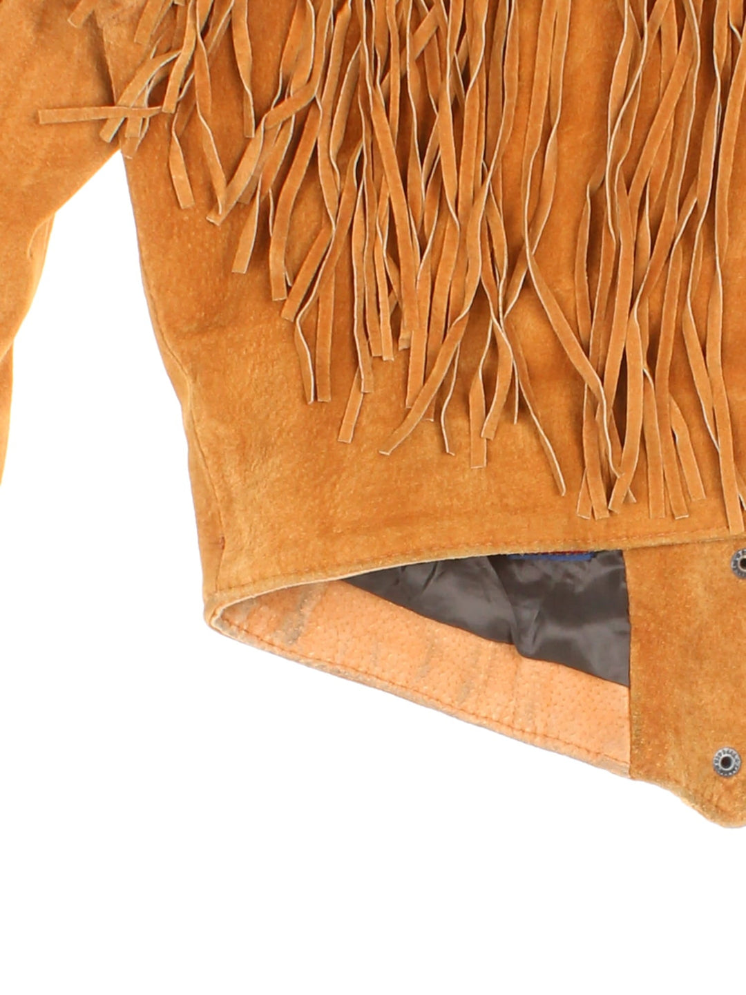 Vintage Cropped Fringe Leather Jacket in tan, features popper fastening and fringing across front and back.