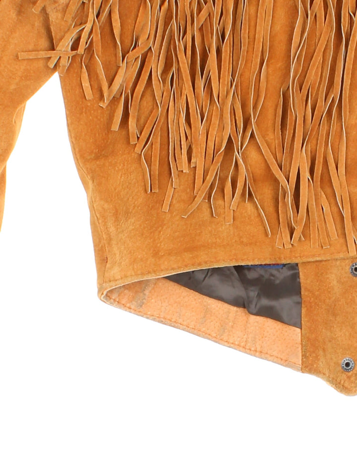 Vintage Cropped Fringe Leather Jacket in tan, features popper fastening and fringing across front and back.