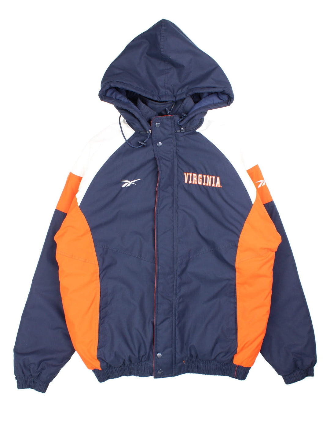 Vintage University Of Virginia Reebok Sports Coats in a blue, orange and white colourway. Zips up and has side pockets, insulated with a quilted lining, detachable hood, and has the logos embroidered on the front on the front and back.