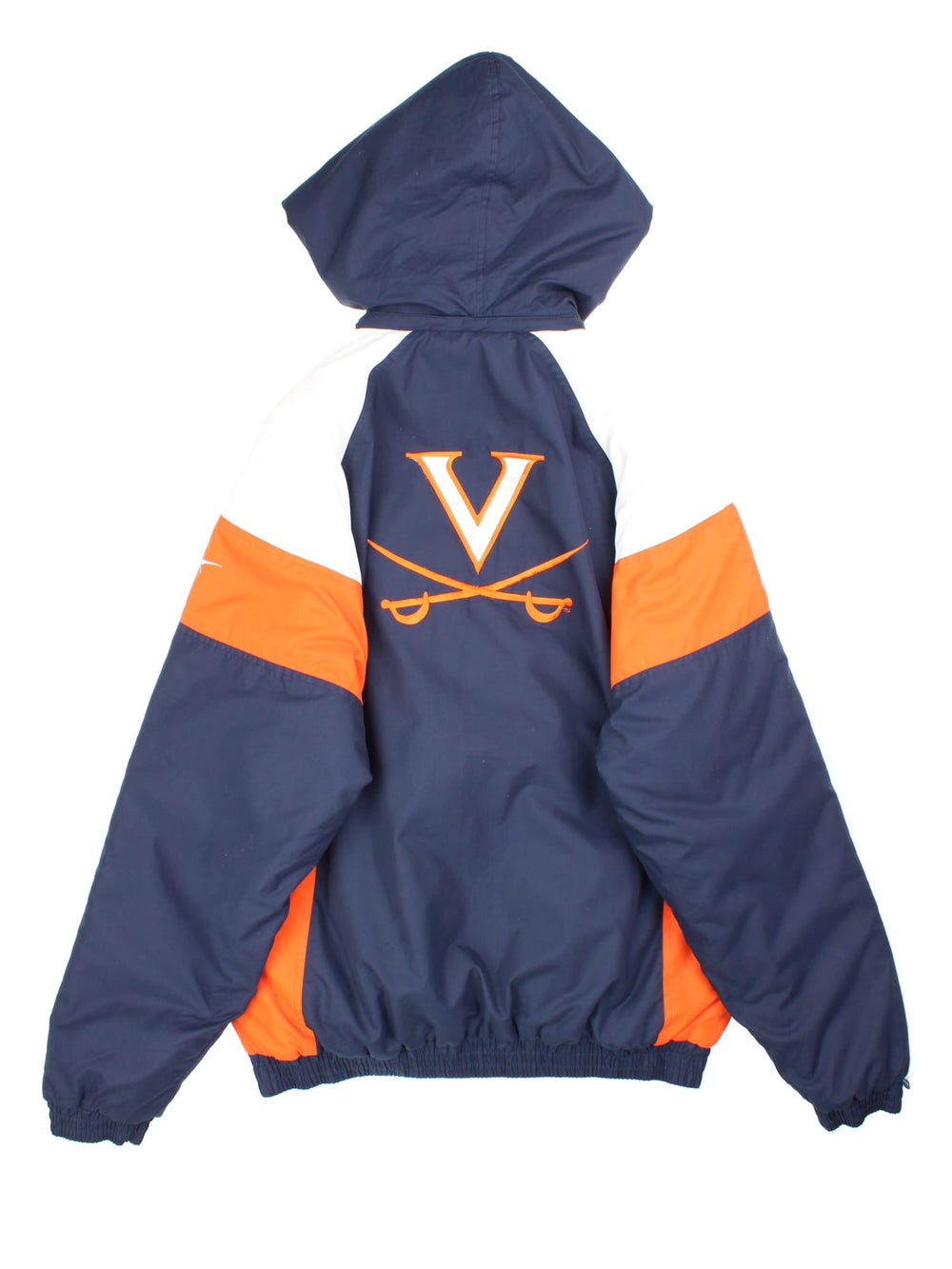 Vintage University Of Virginia Reebok Sports Coats in a blue, orange and white colourway. Zips up and has side pockets, insulated with a quilted lining, detachable hood, and has the logos embroidered on the front on the front and back.